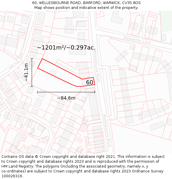 60, WELLESBOURNE ROAD, BARFORD, WARWICK, CV35 8DS: Plot and title map