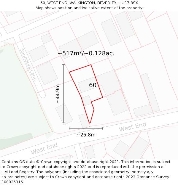 60, WEST END, WALKINGTON, BEVERLEY, HU17 8SX: Plot and title map