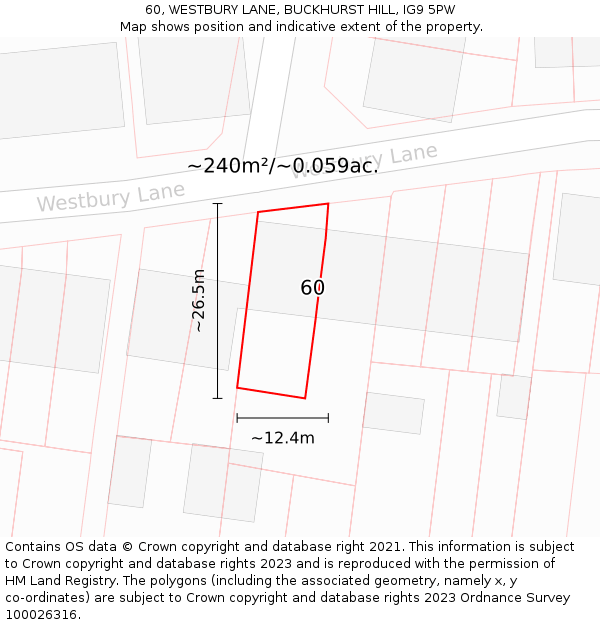 60, WESTBURY LANE, BUCKHURST HILL, IG9 5PW: Plot and title map