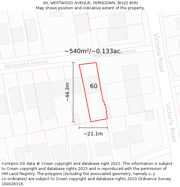 60, WESTWOOD AVENUE, FERNDOWN, BH22 9HN: Plot and title map