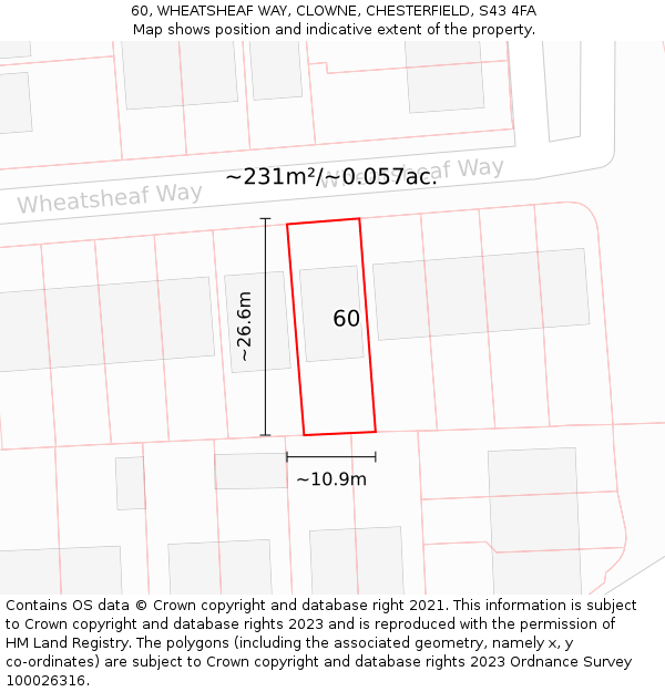 60, WHEATSHEAF WAY, CLOWNE, CHESTERFIELD, S43 4FA: Plot and title map