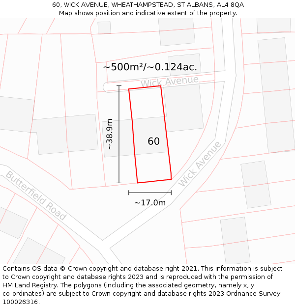 60, WICK AVENUE, WHEATHAMPSTEAD, ST ALBANS, AL4 8QA: Plot and title map