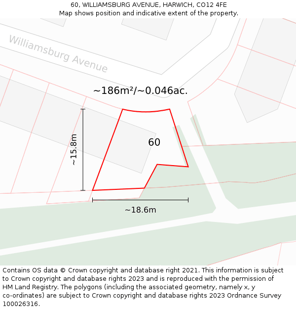 60, WILLIAMSBURG AVENUE, HARWICH, CO12 4FE: Plot and title map