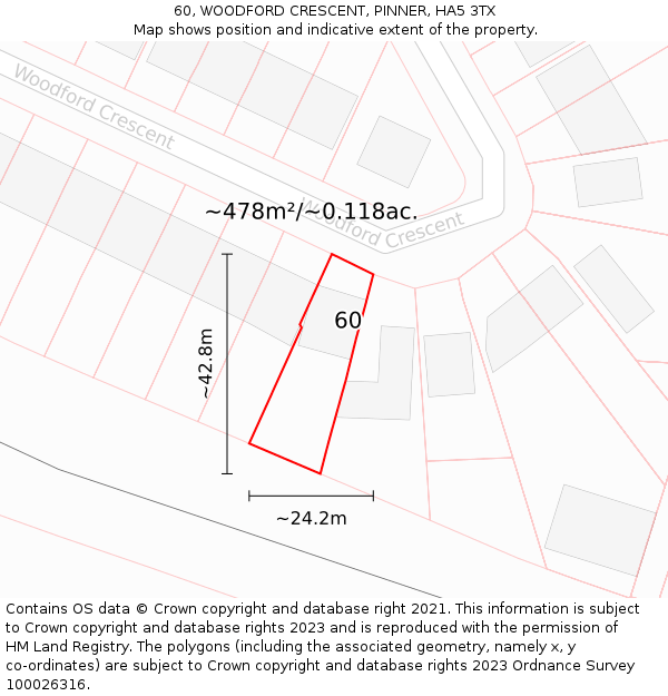 60, WOODFORD CRESCENT, PINNER, HA5 3TX: Plot and title map