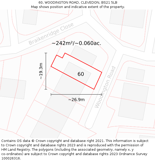 60, WOODINGTON ROAD, CLEVEDON, BS21 5LB: Plot and title map