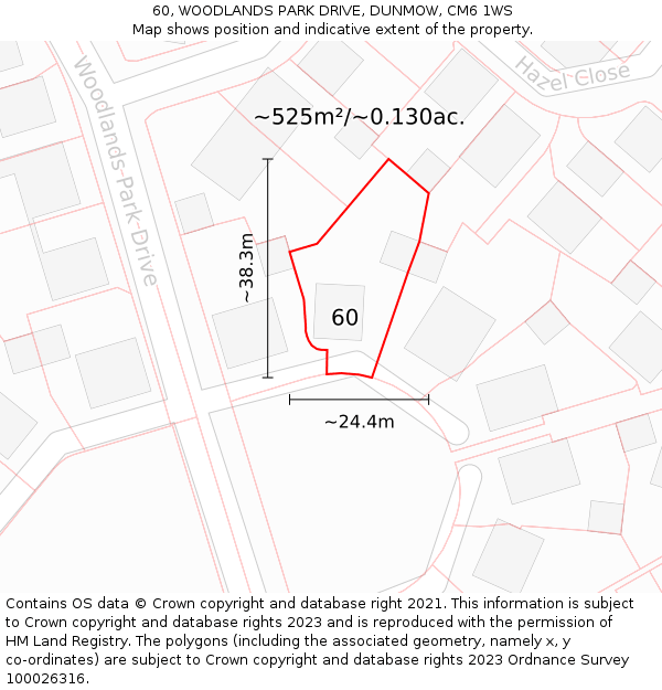 60, WOODLANDS PARK DRIVE, DUNMOW, CM6 1WS: Plot and title map