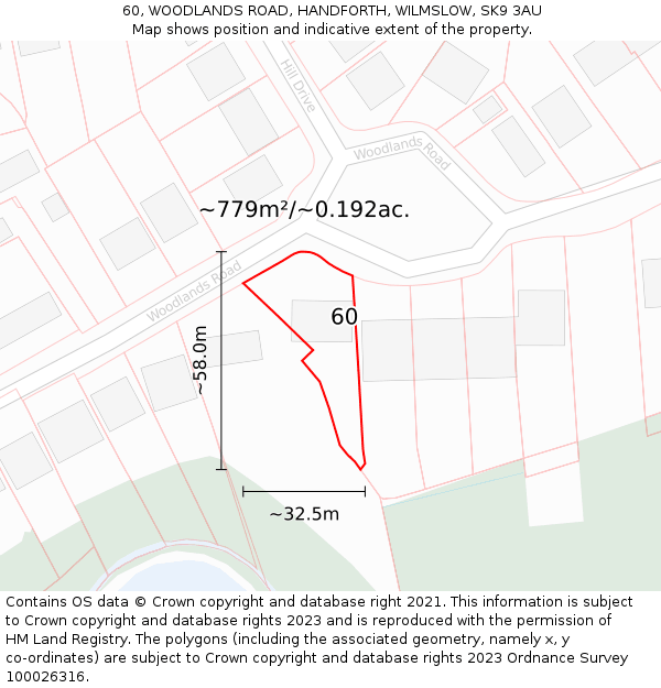 60, WOODLANDS ROAD, HANDFORTH, WILMSLOW, SK9 3AU: Plot and title map