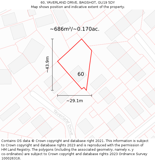 60, YAVERLAND DRIVE, BAGSHOT, GU19 5DY: Plot and title map