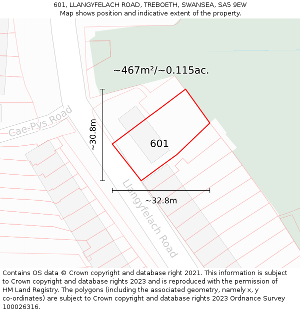 601, LLANGYFELACH ROAD, TREBOETH, SWANSEA, SA5 9EW: Plot and title map