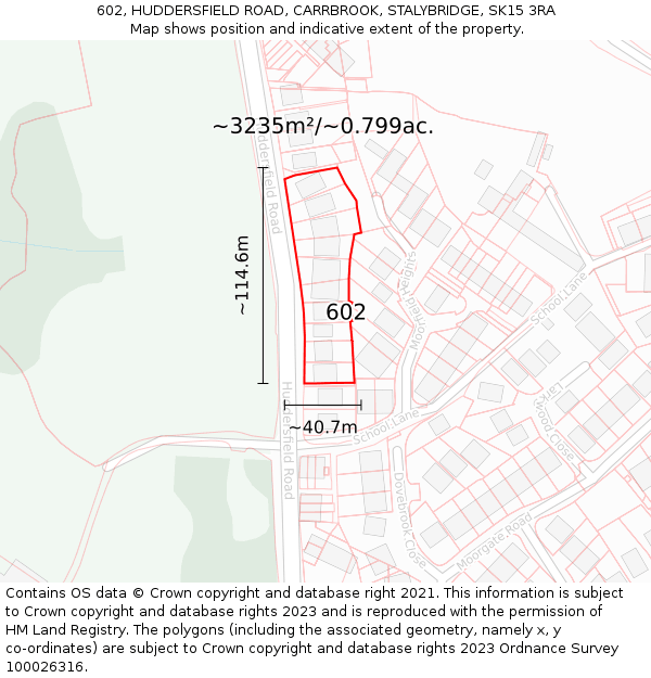 602, HUDDERSFIELD ROAD, CARRBROOK, STALYBRIDGE, SK15 3RA: Plot and title map