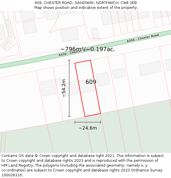 609, CHESTER ROAD, SANDIWAY, NORTHWICH, CW8 2EB: Plot and title map