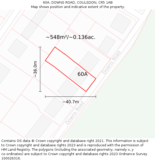 60A, DOWNS ROAD, COULSDON, CR5 1AB: Plot and title map