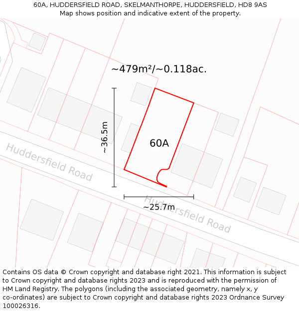 60A, HUDDERSFIELD ROAD, SKELMANTHORPE, HUDDERSFIELD, HD8 9AS: Plot and title map