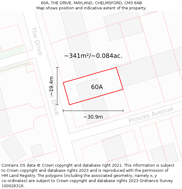 60A, THE DRIVE, MAYLAND, CHELMSFORD, CM3 6AB: Plot and title map