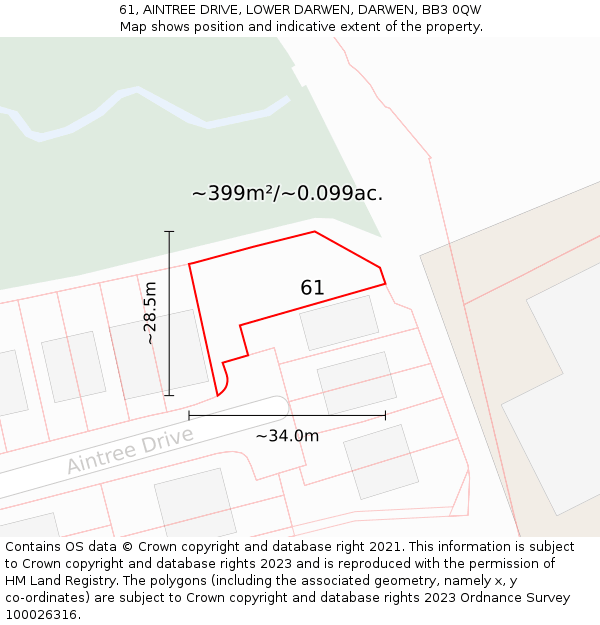 61, AINTREE DRIVE, LOWER DARWEN, DARWEN, BB3 0QW: Plot and title map