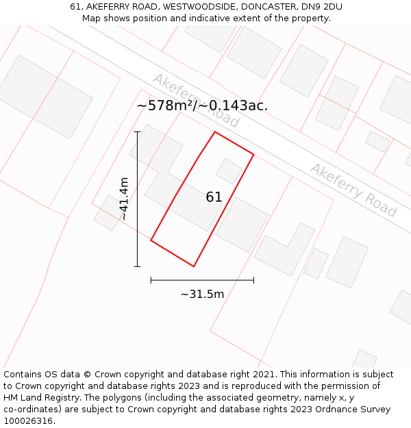 61, AKEFERRY ROAD, WESTWOODSIDE, DONCASTER, DN9 2DU: Plot and title map