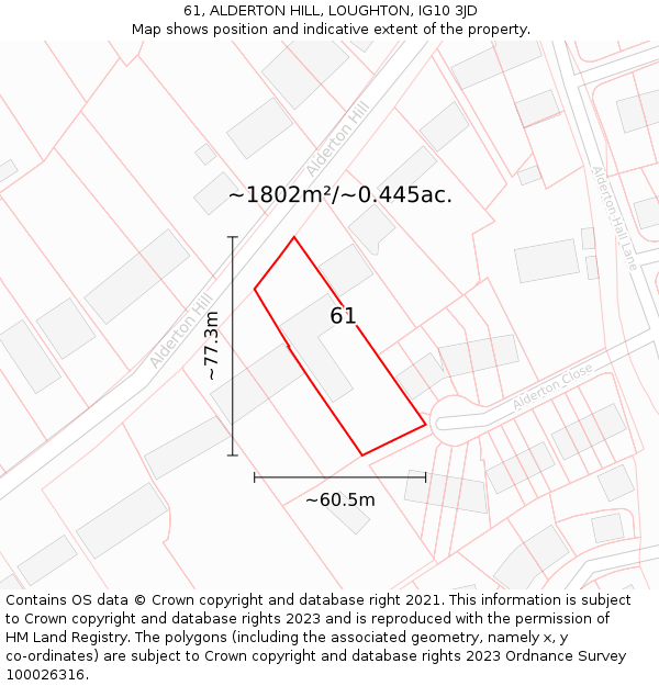 61, ALDERTON HILL, LOUGHTON, IG10 3JD: Plot and title map