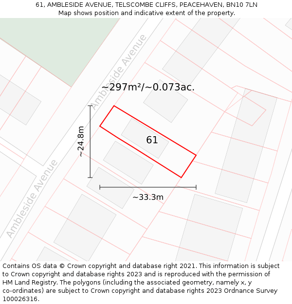 61, AMBLESIDE AVENUE, TELSCOMBE CLIFFS, PEACEHAVEN, BN10 7LN: Plot and title map