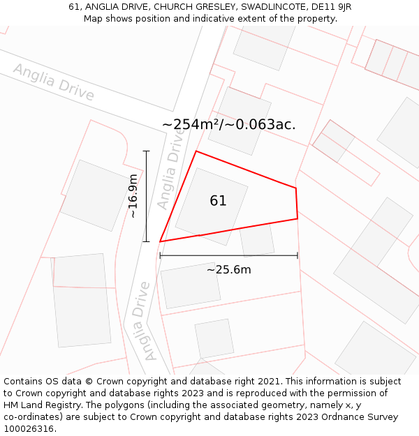 61, ANGLIA DRIVE, CHURCH GRESLEY, SWADLINCOTE, DE11 9JR: Plot and title map