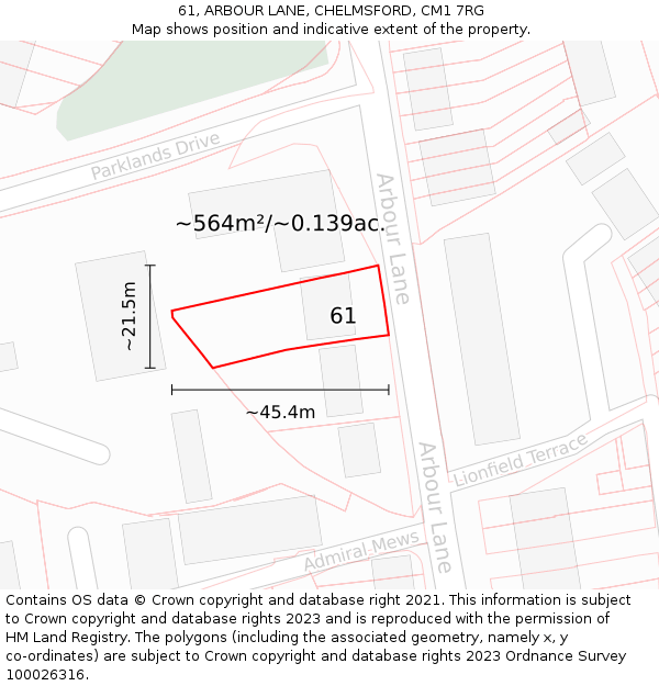 61, ARBOUR LANE, CHELMSFORD, CM1 7RG: Plot and title map