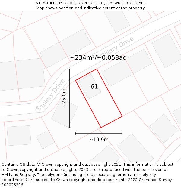 61, ARTILLERY DRIVE, DOVERCOURT, HARWICH, CO12 5FG: Plot and title map