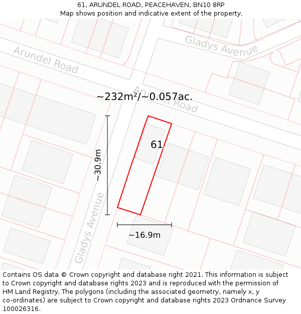 61, ARUNDEL ROAD, PEACEHAVEN, BN10 8RP: Plot and title map