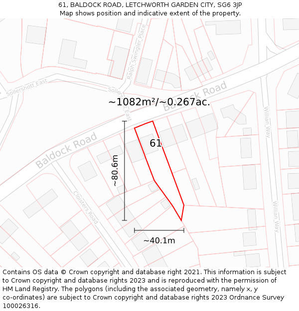 61, BALDOCK ROAD, LETCHWORTH GARDEN CITY, SG6 3JP: Plot and title map