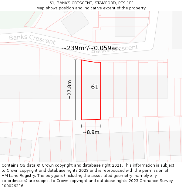 61, BANKS CRESCENT, STAMFORD, PE9 1FF: Plot and title map