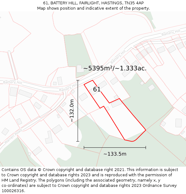 61, BATTERY HILL, FAIRLIGHT, HASTINGS, TN35 4AP: Plot and title map