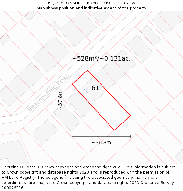 61, BEACONSFIELD ROAD, TRING, HP23 4DW: Plot and title map