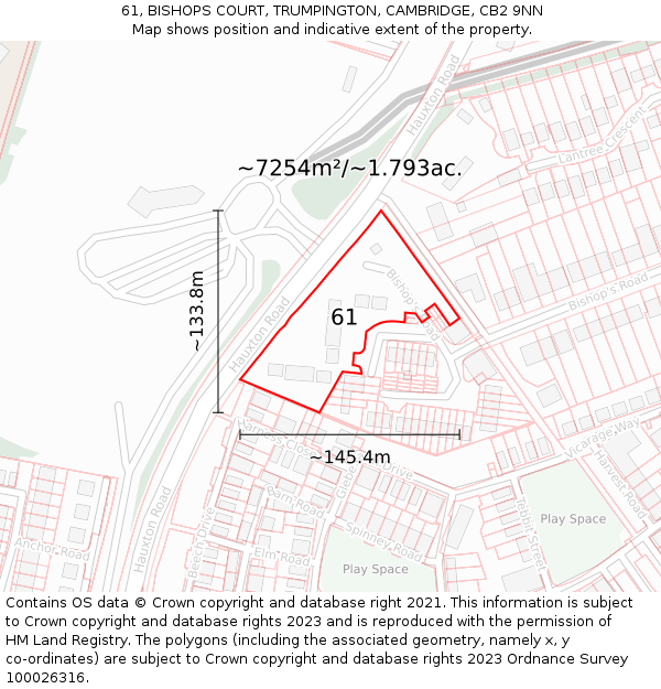 61, BISHOPS COURT, TRUMPINGTON, CAMBRIDGE, CB2 9NN: Plot and title map