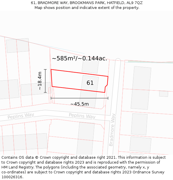 61, BRADMORE WAY, BROOKMANS PARK, HATFIELD, AL9 7QZ: Plot and title map