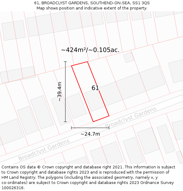 61, BROADCLYST GARDENS, SOUTHEND-ON-SEA, SS1 3QS: Plot and title map