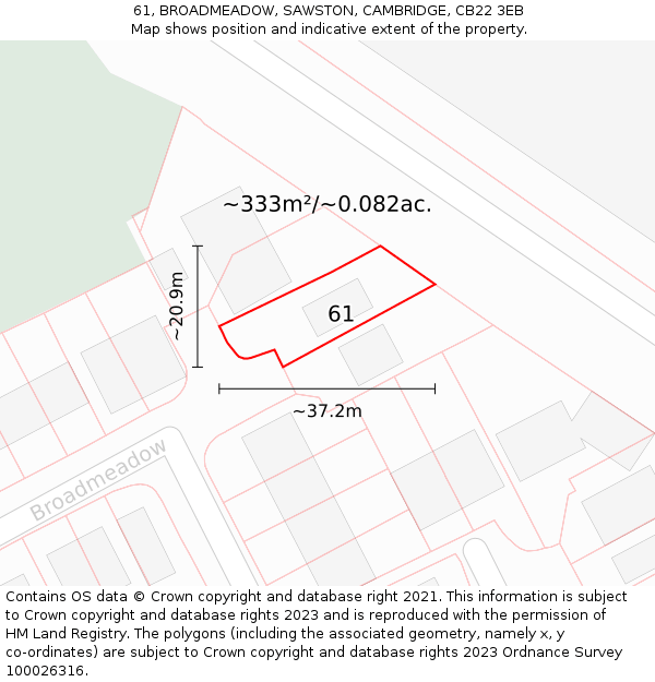 61, BROADMEADOW, SAWSTON, CAMBRIDGE, CB22 3EB: Plot and title map