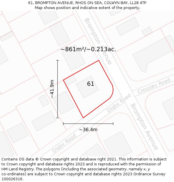 61, BROMPTON AVENUE, RHOS ON SEA, COLWYN BAY, LL28 4TP: Plot and title map