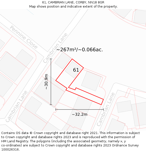 61, CAMBRIAN LANE, CORBY, NN18 8GR: Plot and title map