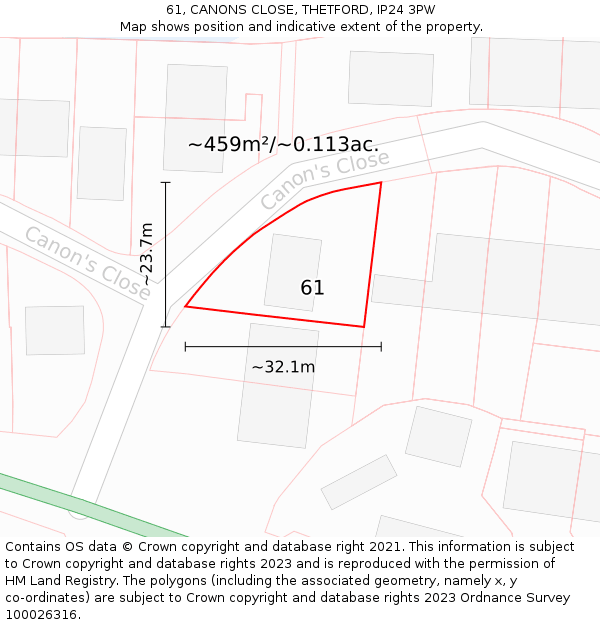 61, CANONS CLOSE, THETFORD, IP24 3PW: Plot and title map