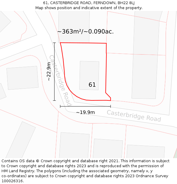 61, CASTERBRIDGE ROAD, FERNDOWN, BH22 8LJ: Plot and title map