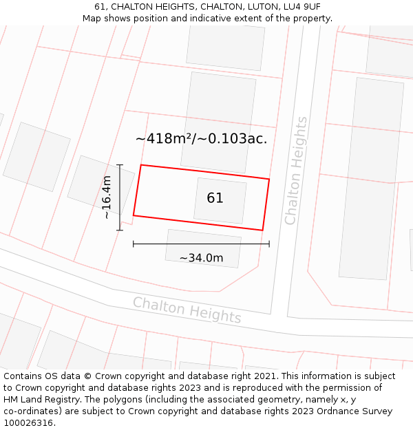 61, CHALTON HEIGHTS, CHALTON, LUTON, LU4 9UF: Plot and title map