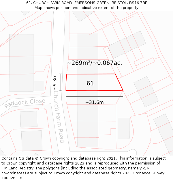 61, CHURCH FARM ROAD, EMERSONS GREEN, BRISTOL, BS16 7BE: Plot and title map