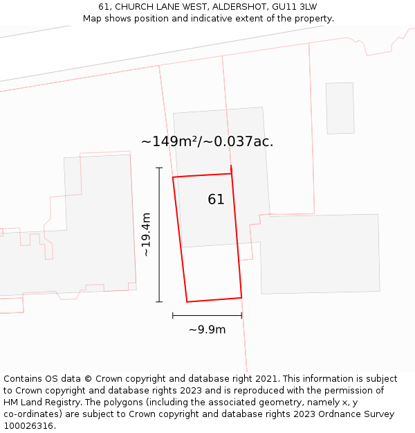 61, CHURCH LANE WEST, ALDERSHOT, GU11 3LW: Plot and title map