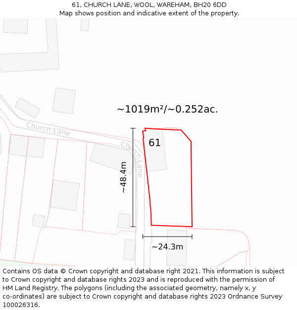 61, CHURCH LANE, WOOL, WAREHAM, BH20 6DD: Plot and title map