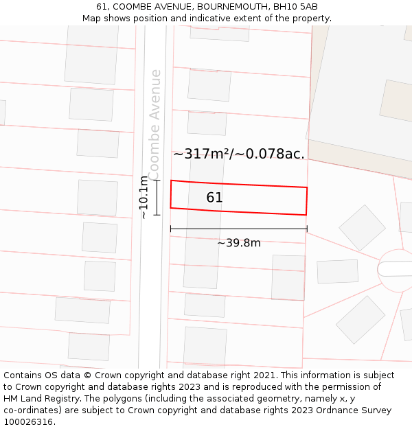 61, COOMBE AVENUE, BOURNEMOUTH, BH10 5AB: Plot and title map