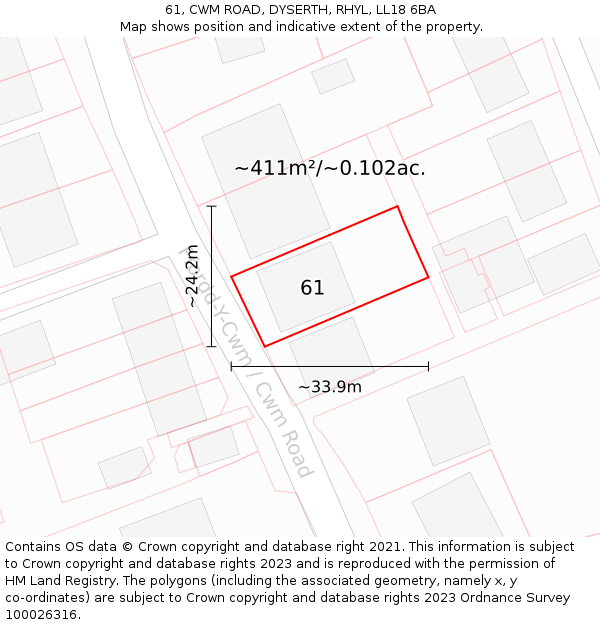 61, CWM ROAD, DYSERTH, RHYL, LL18 6BA: Plot and title map