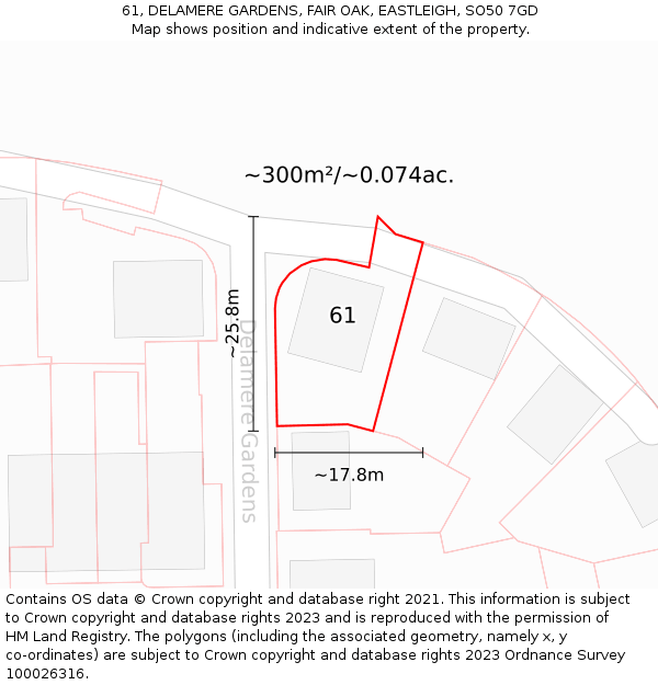 61, DELAMERE GARDENS, FAIR OAK, EASTLEIGH, SO50 7GD: Plot and title map