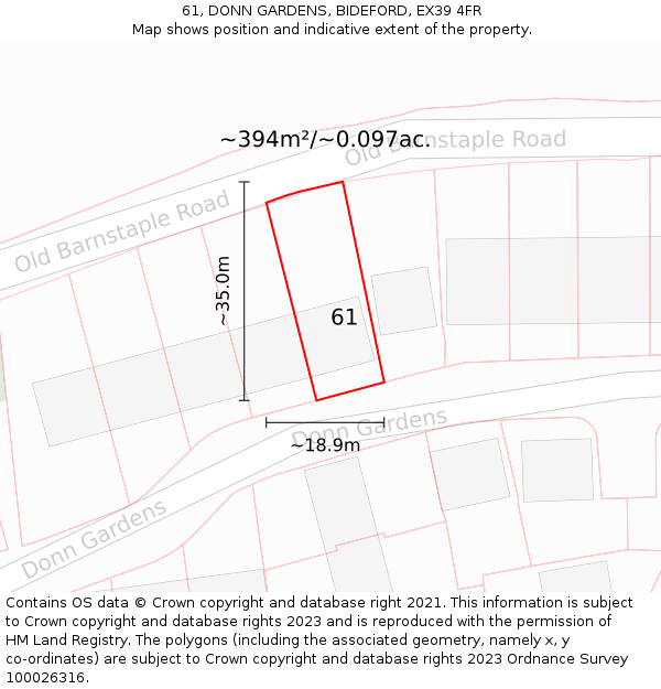 61, DONN GARDENS, BIDEFORD, EX39 4FR: Plot and title map