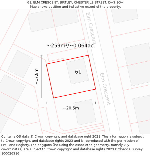 61, ELM CRESCENT, BIRTLEY, CHESTER LE STREET, DH3 1GH: Plot and title map