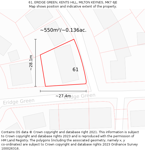 61, ERIDGE GREEN, KENTS HILL, MILTON KEYNES, MK7 6JE: Plot and title map