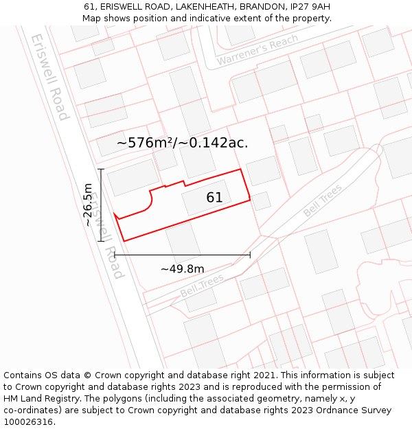 61, ERISWELL ROAD, LAKENHEATH, BRANDON, IP27 9AH: Plot and title map