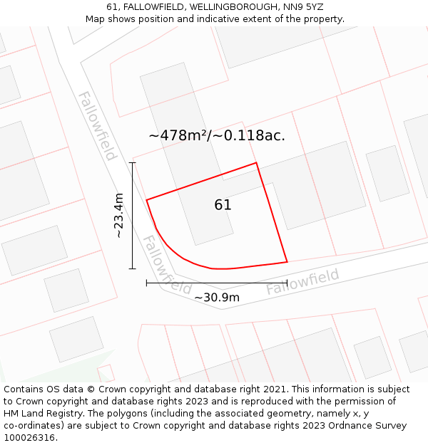 61, FALLOWFIELD, WELLINGBOROUGH, NN9 5YZ: Plot and title map